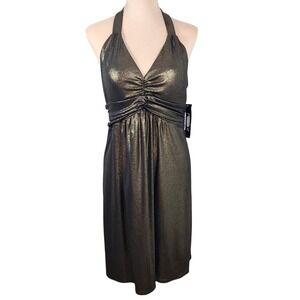 Muse Metallic Ruched Halter Dress Sz 12 Gold Black Cocktail Party Babydoll NWT
